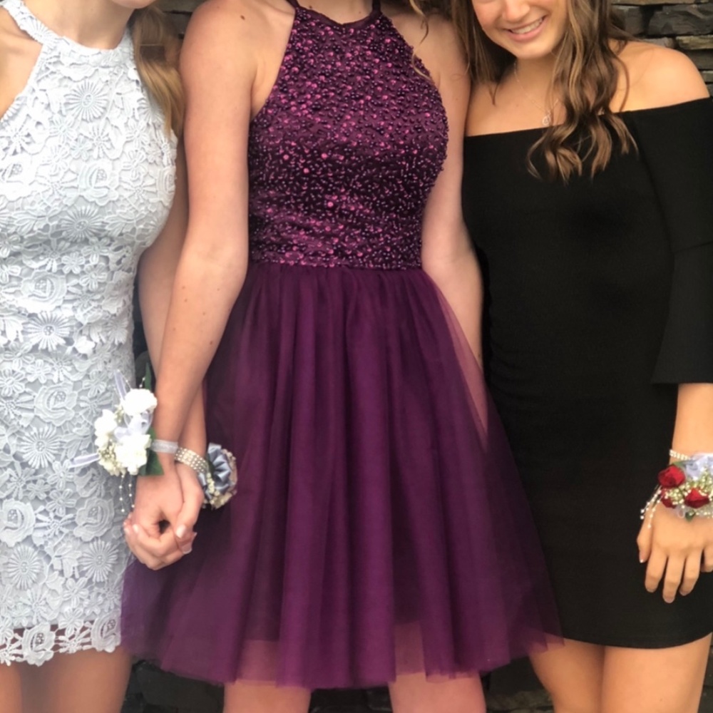 purple sequin homecoming dress